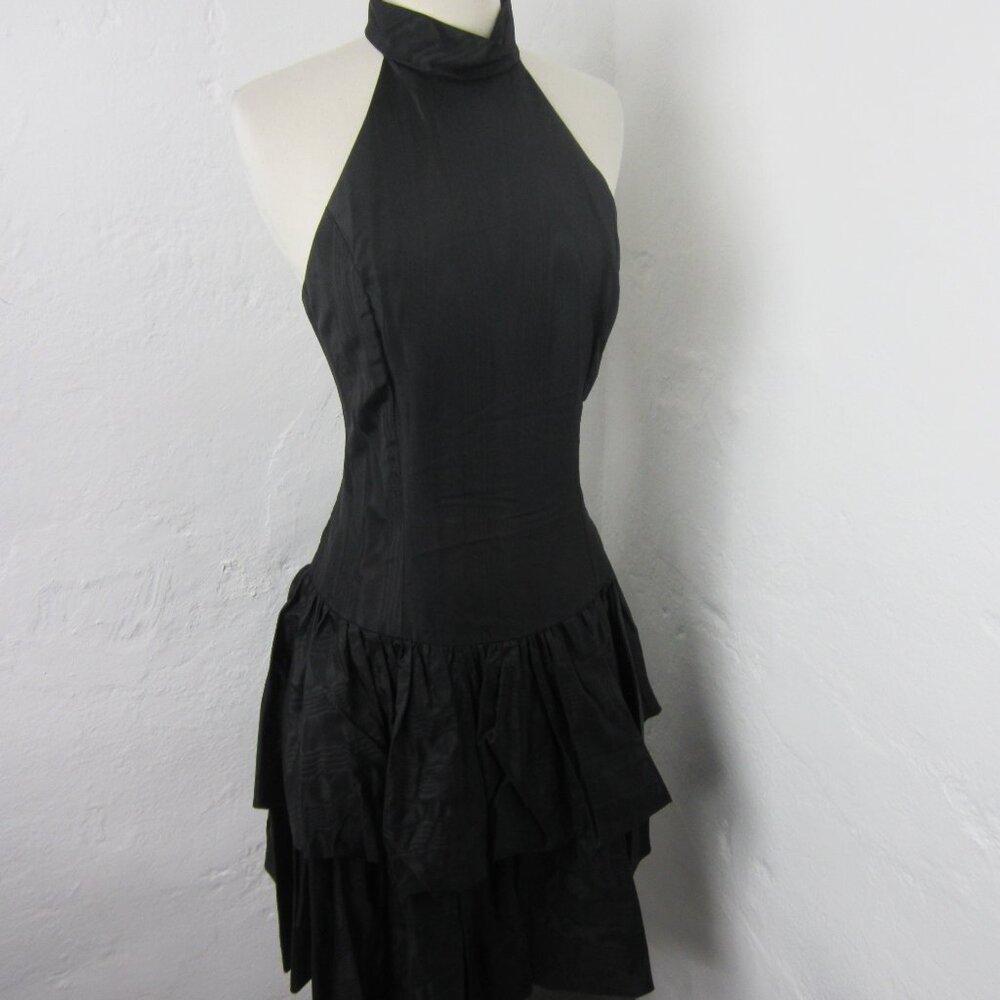 Vintage 70s Positively Ellen Dress Black Taffeta Drop Waist Collared Size 11/12